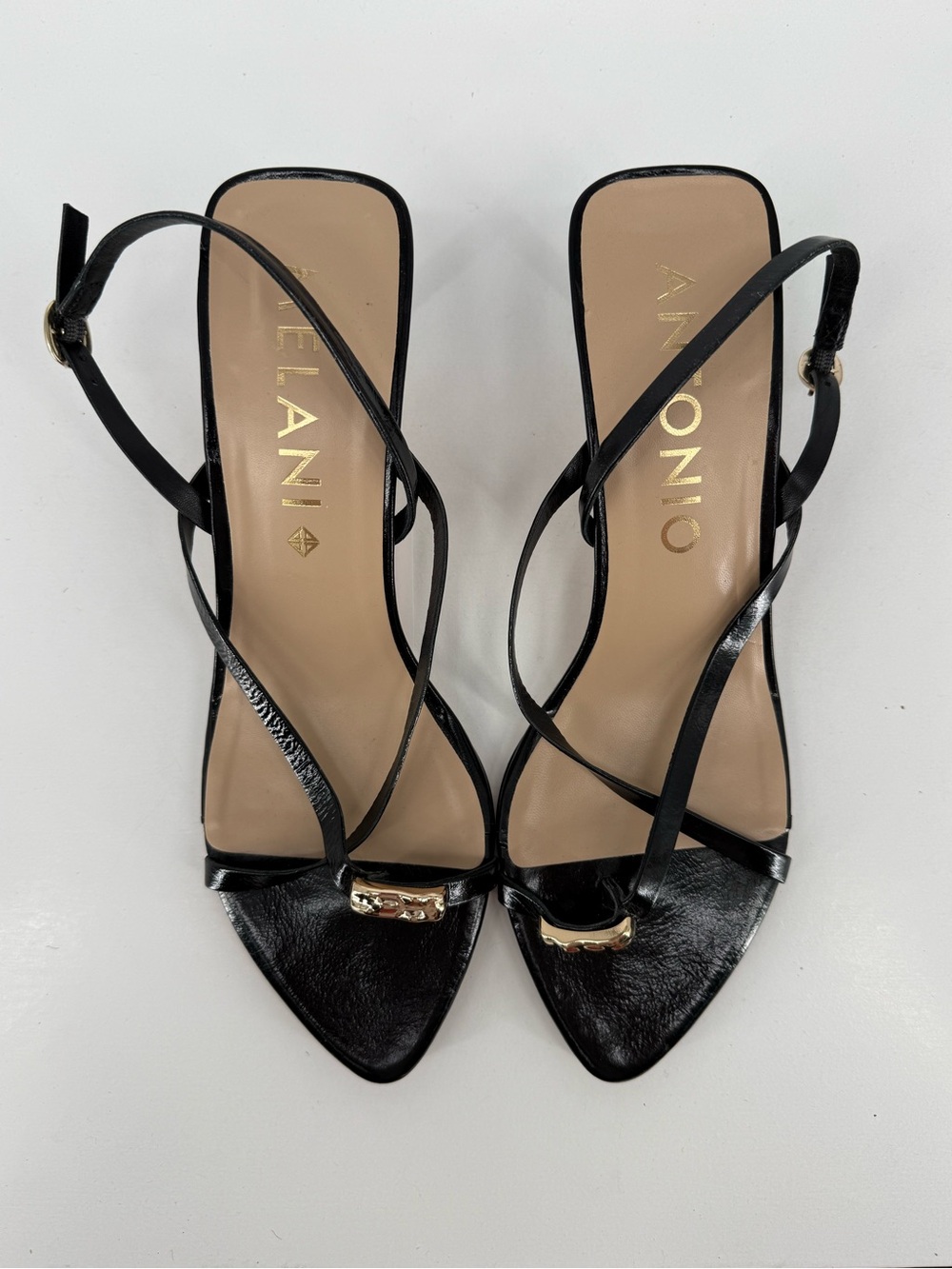 ANTONIO MELANI Black Strappy Pointed Toe Slingback Heels with Gold Accent